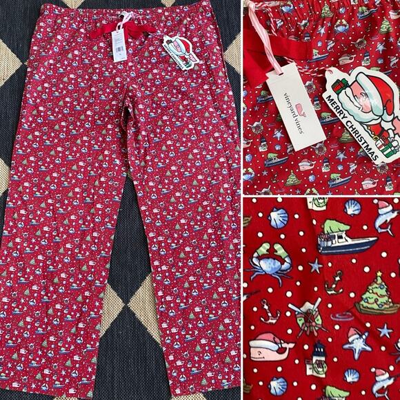NEW $59 Vineyard Vines Preppy Printed Whale Lounge Pant Red Christmas XL NWT - Picture 1 of 14